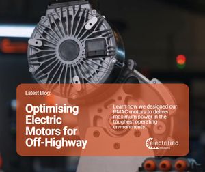 Graphic with electric motor and text introducing a blog on optimising electric motors for off-highway